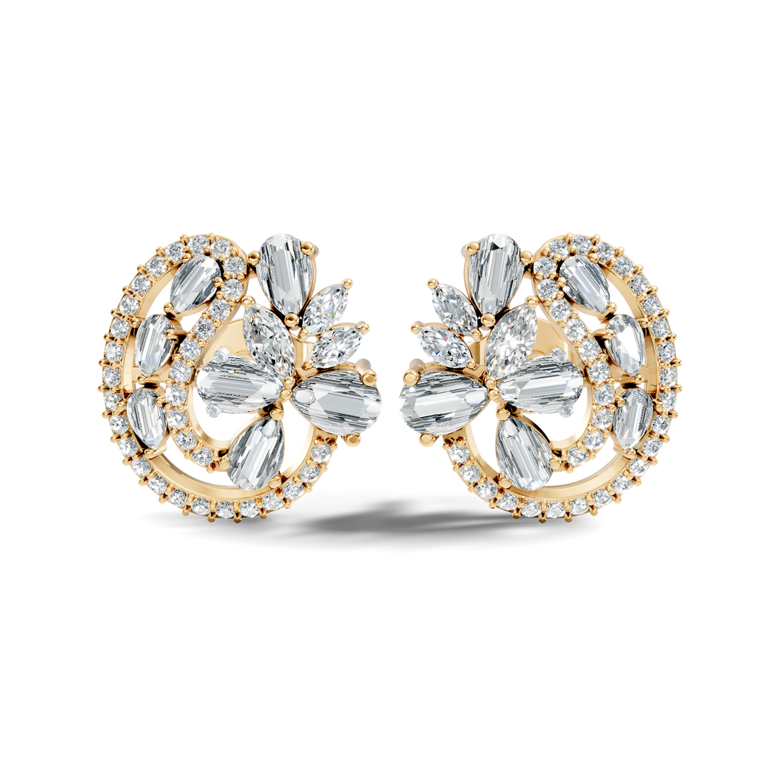 Floral Bouquet & Swirl Halo Diamond Cluster Stud