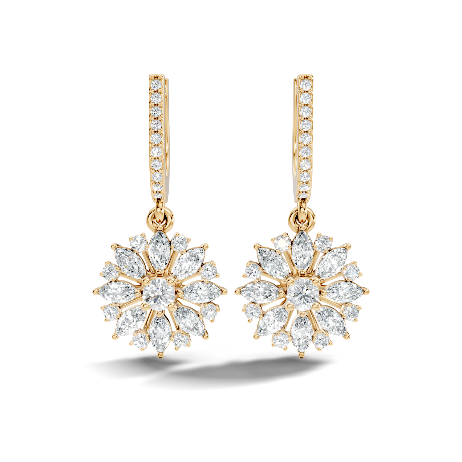 Marquise & Round Diamond Floral Sunburst Drop Earrings with Pavé Huggie Hoops