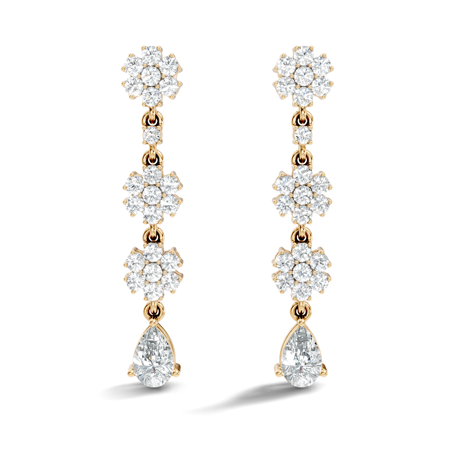 Triple Floral Cluster & Pear Diamond Drop Earrings