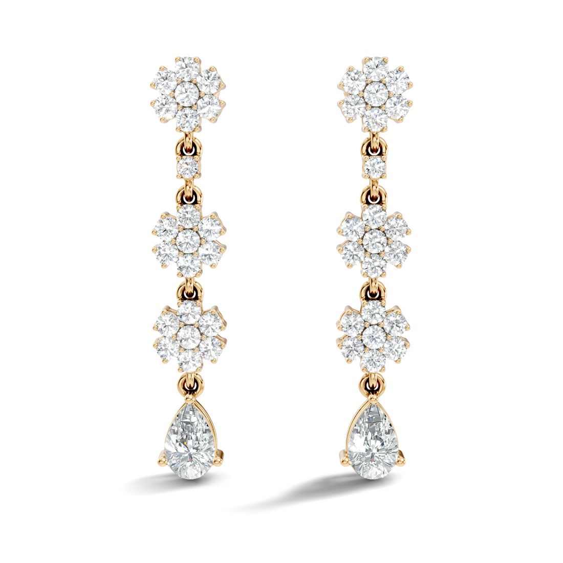 Triple Floral Cluster & Pear Diamond Drop Earrings