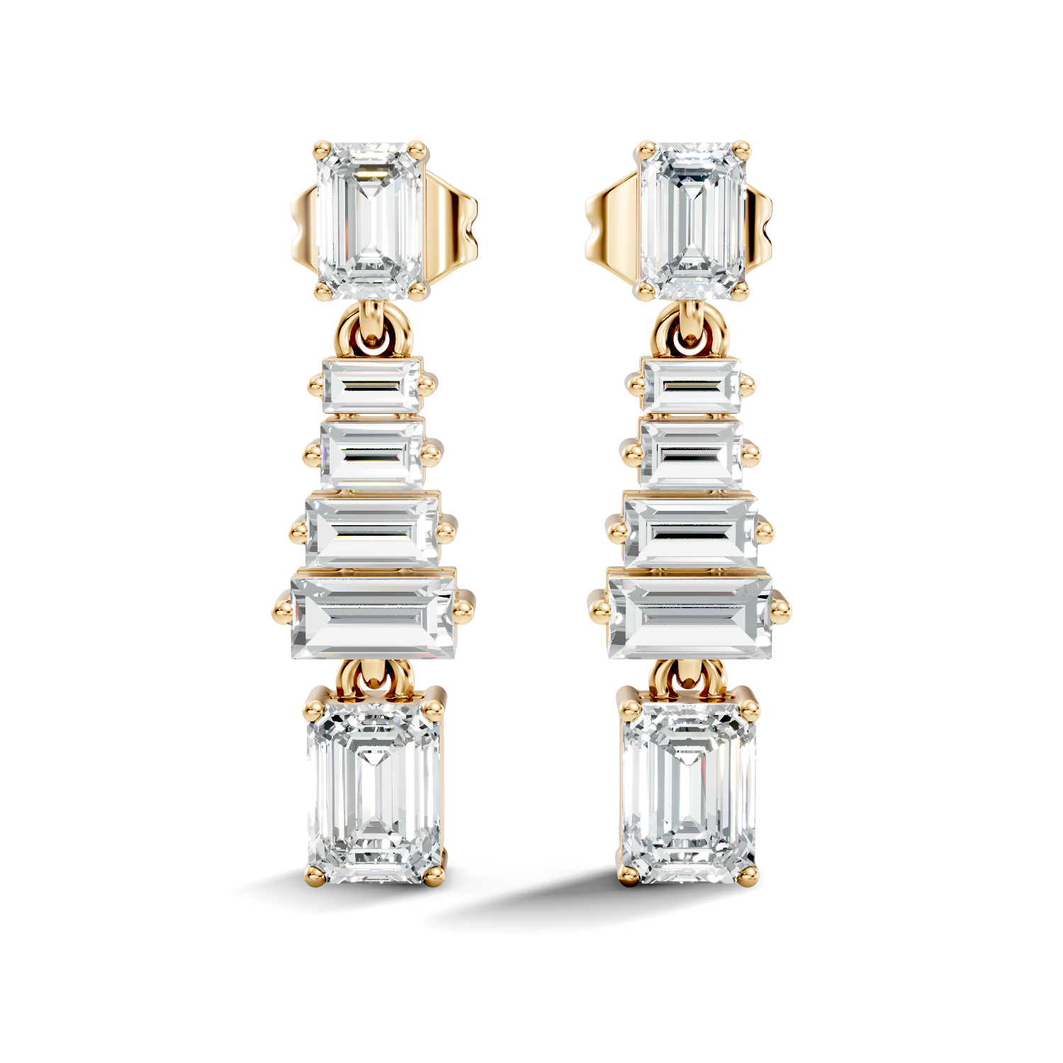 Emerald & Straight Baguette Diamond Linear Drop Earrings