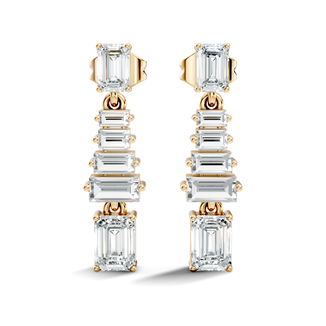 Emerald & Straight Baguette Diamond Linear Drop Earrings