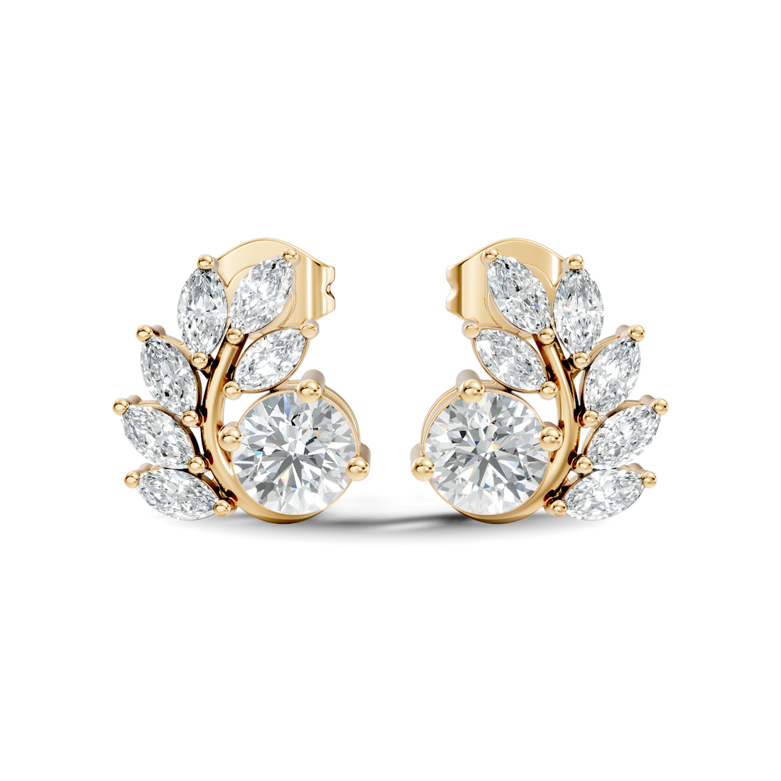 Round & Marquise Curved Leaf Vine Diamond Stud