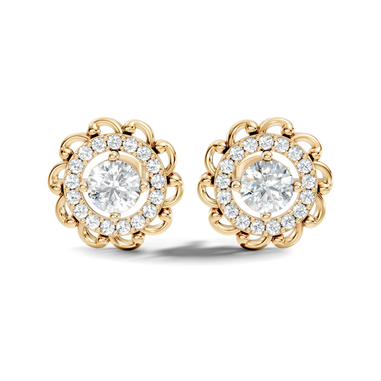 Round Solitaire & Scalloped Halo Diamond Stud