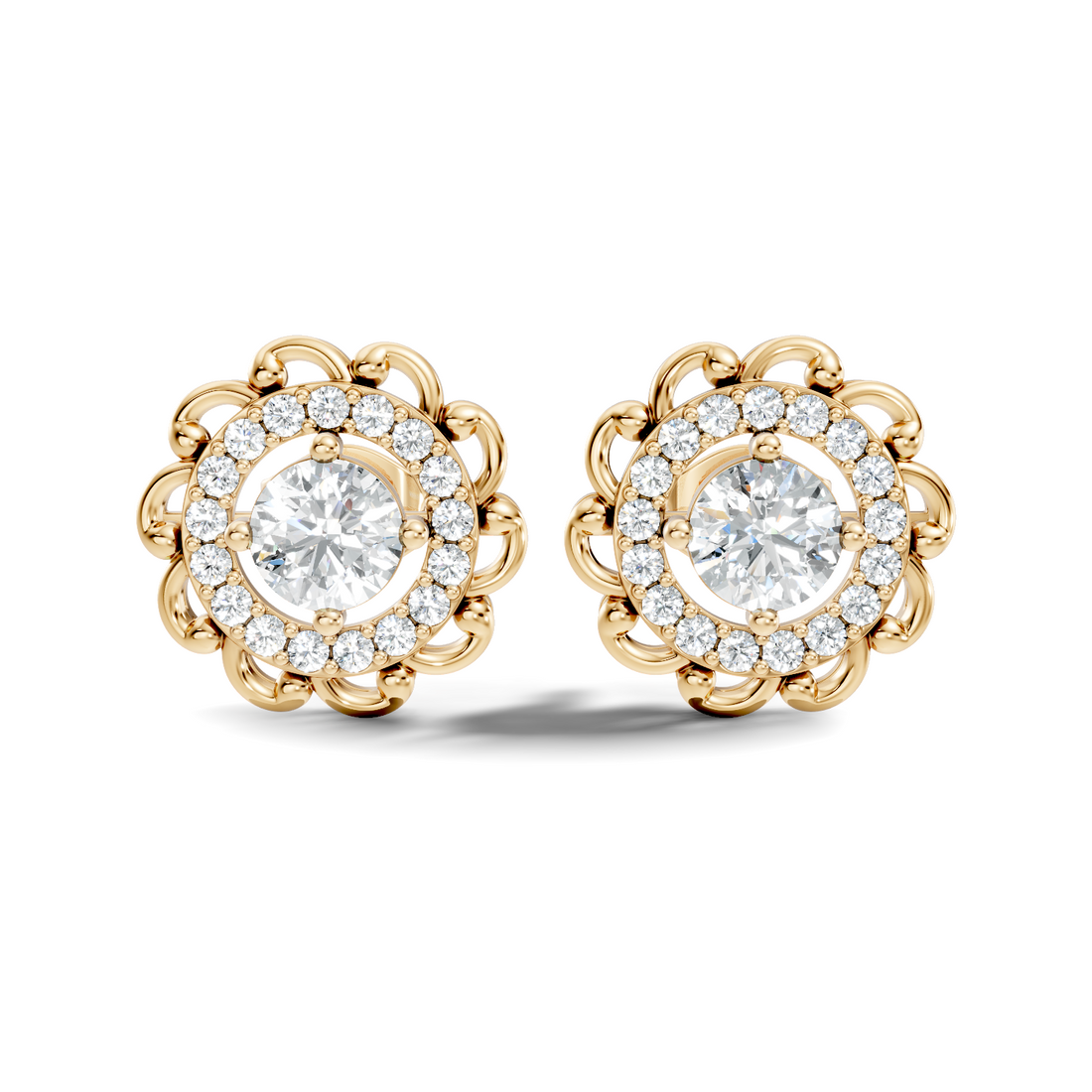 Round Solitaire & Scalloped Halo Diamond Stud