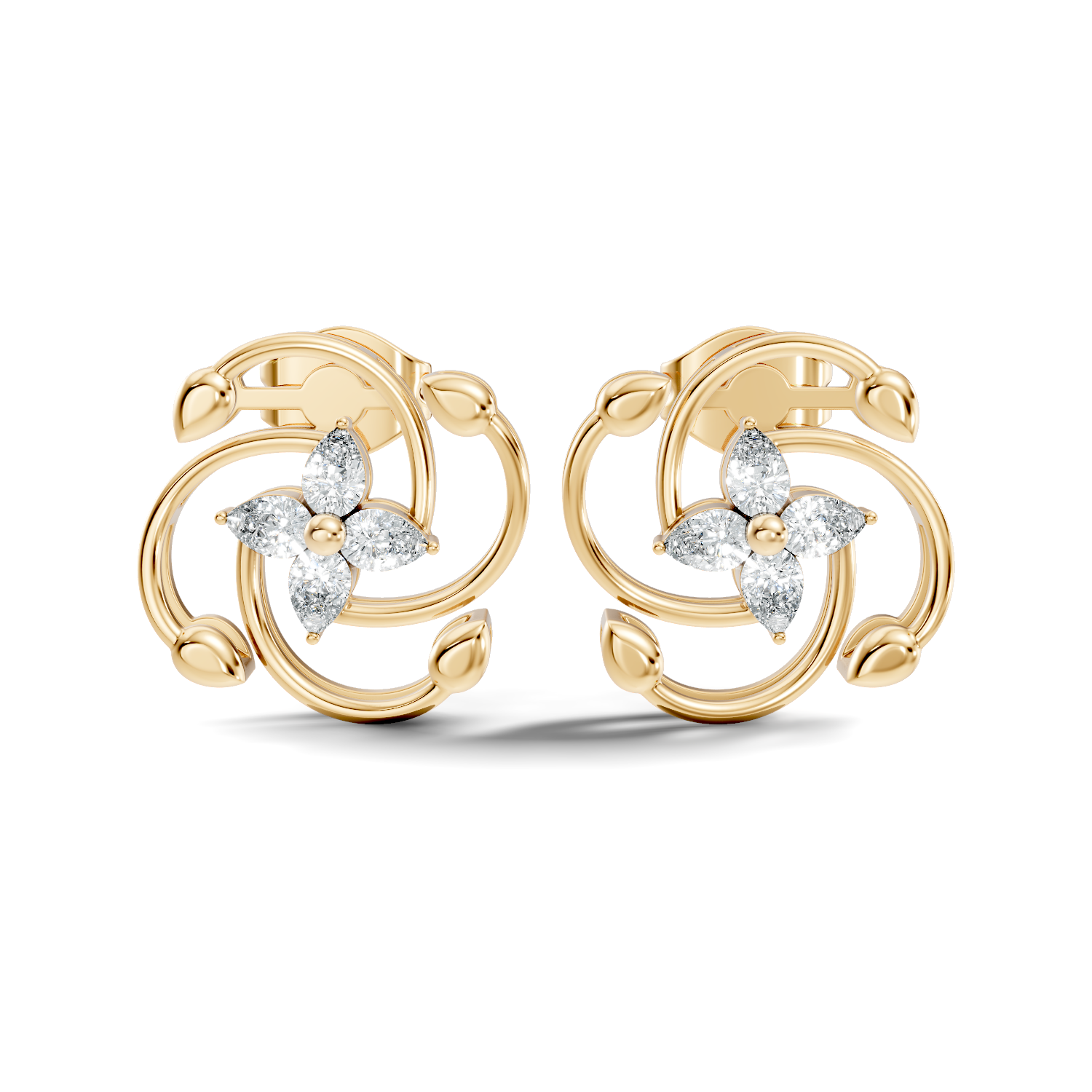 Pear Diamond Four-Petal Flower & Pinwheel Swirl Stud