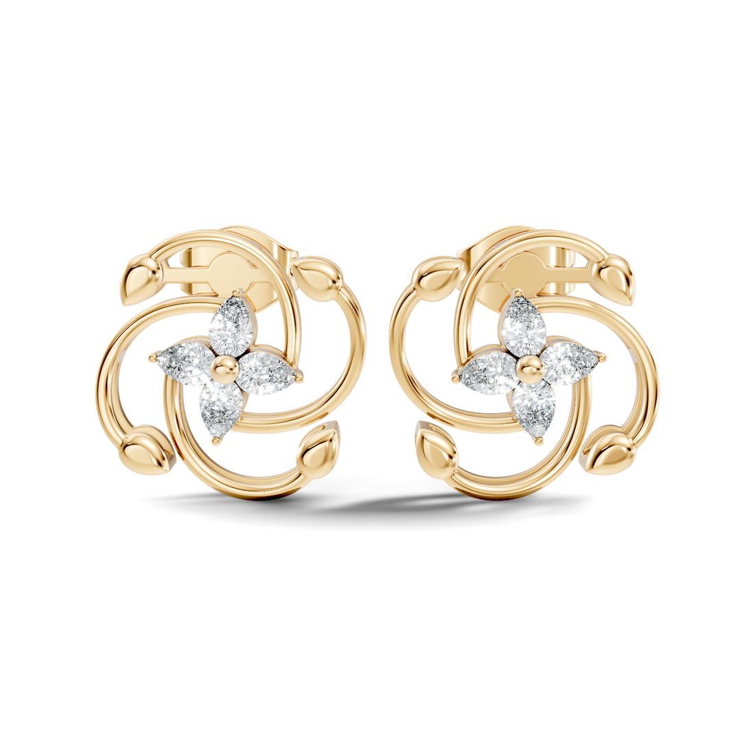 Pear Diamond Four-Petal Flower & Pinwheel Swirl Stud