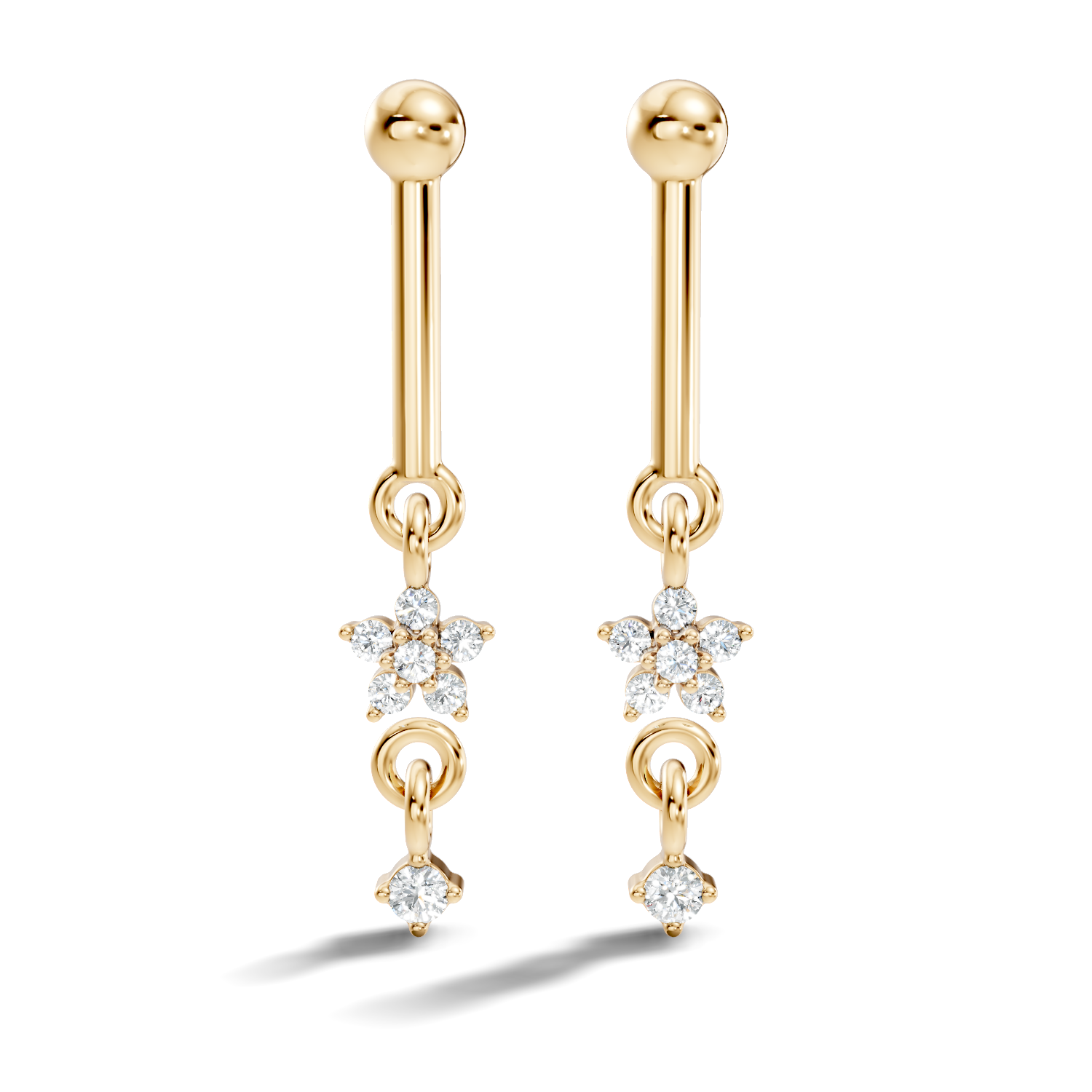 Round Diamond Bar & Floral Drop Earrings
