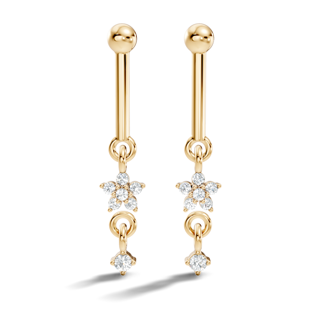 Round Diamond Bar & Floral Drop Earrings