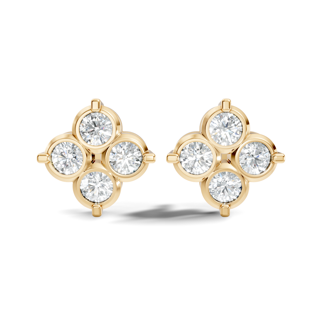 Four-Petal Floral Clover Round Diamond Cluster Stud