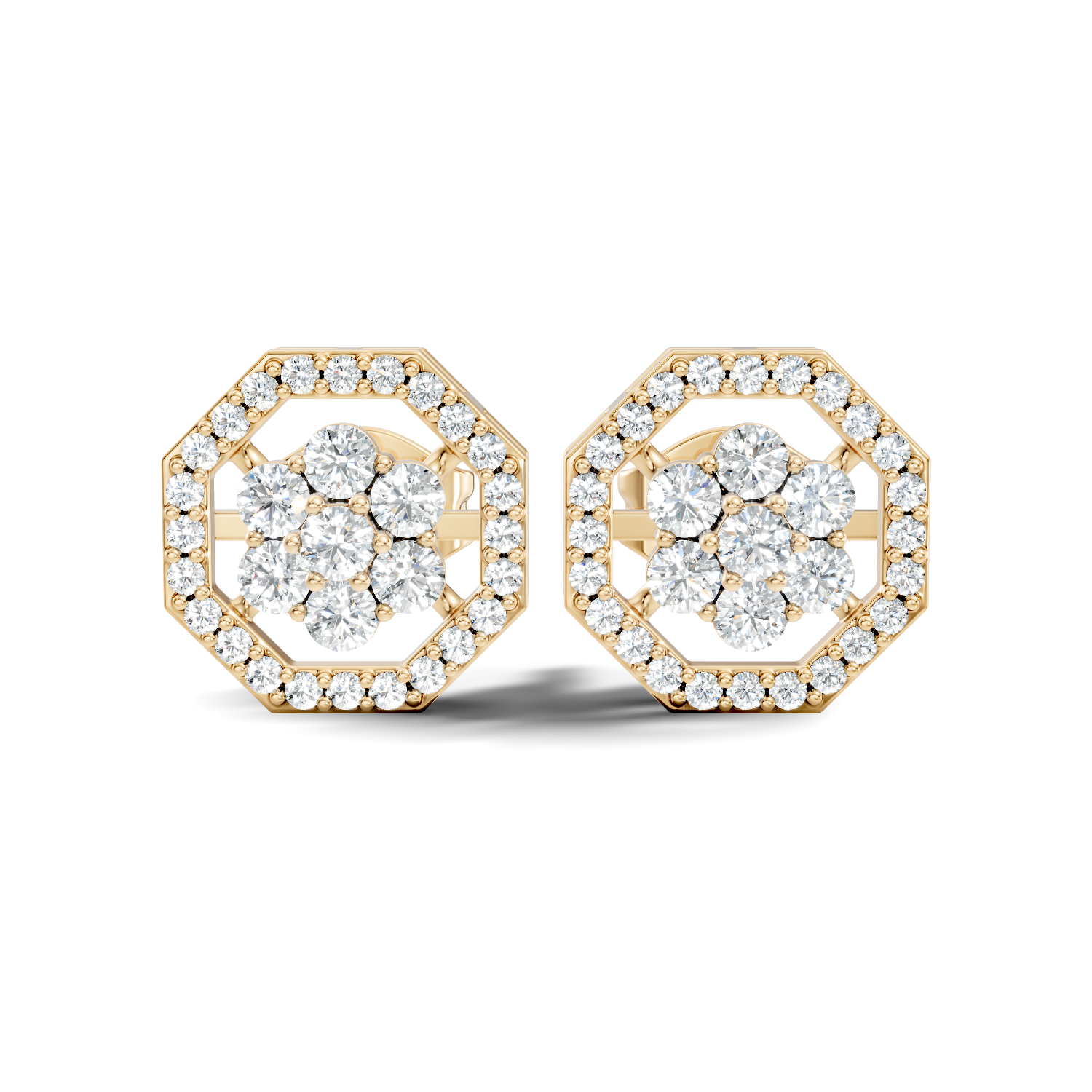 Round Diamond Flower Cluster & Octagon Geometric Halo Stud