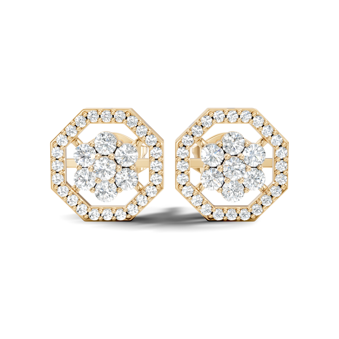 Round Diamond Flower Cluster & Octagon Geometric Halo Stud