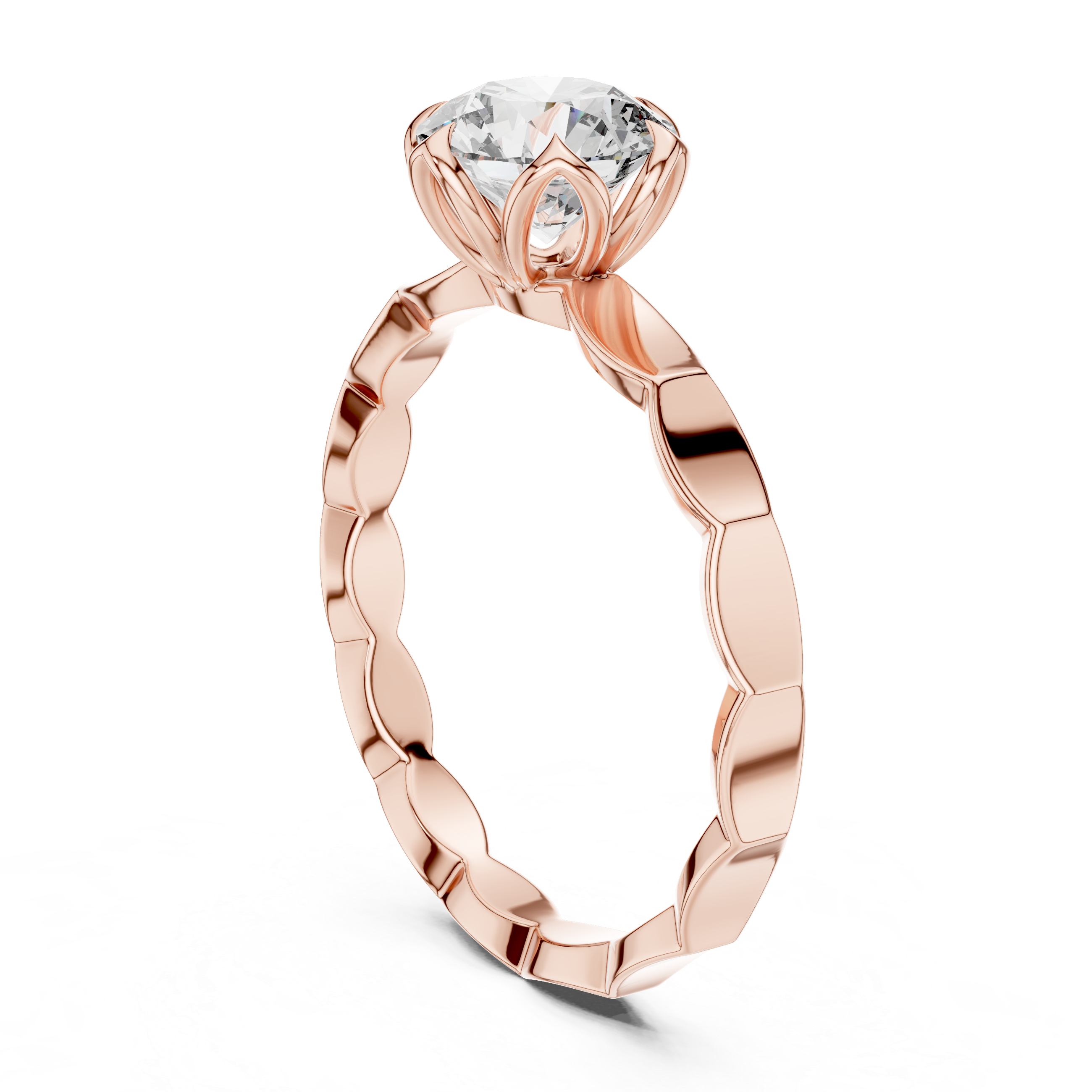Geometric Scalloped Band 1.00 Carat Round Solitaire Diamond Ring