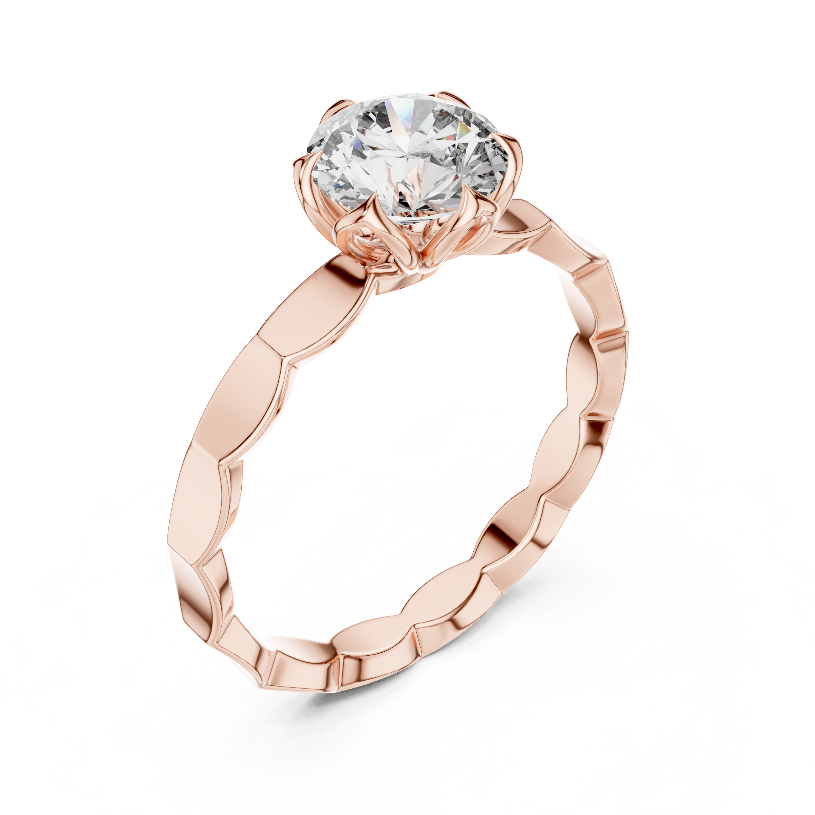Geometric Scalloped Band 1.00 Carat Round Solitaire Diamond Ring
