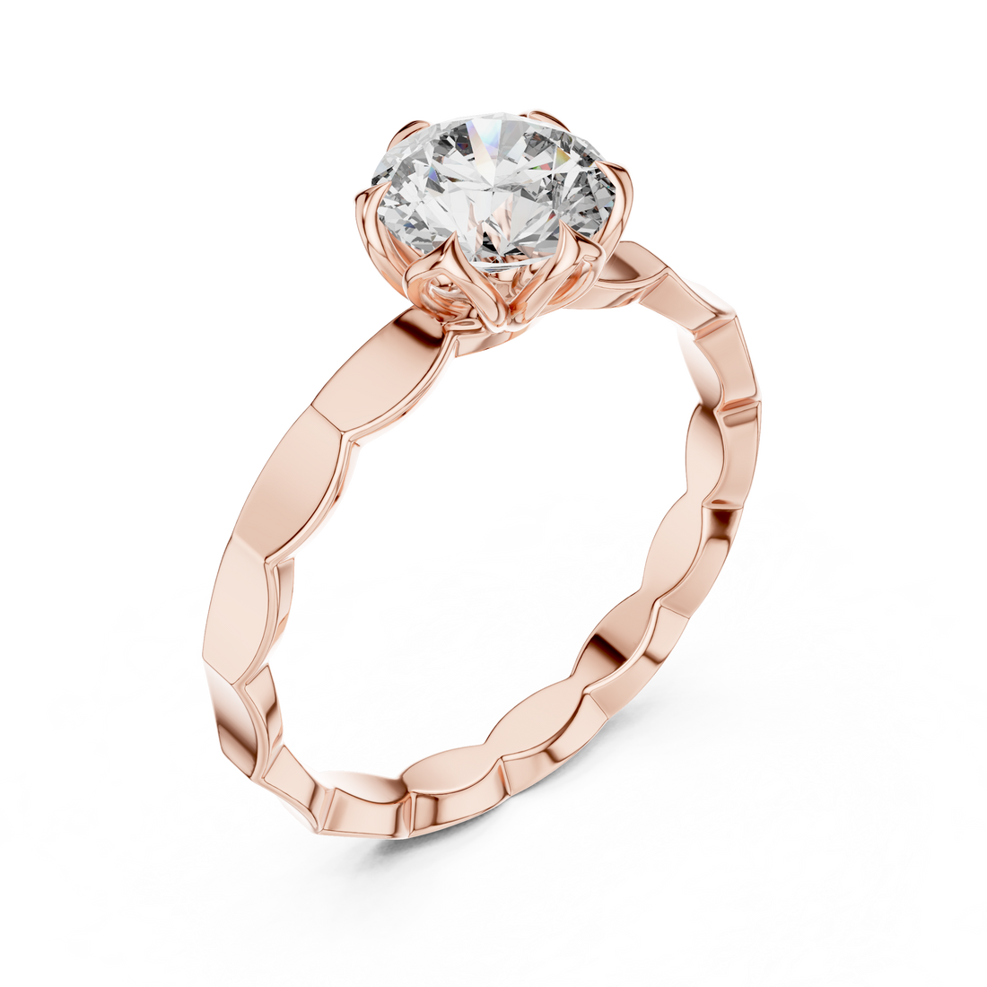 Geometric Scalloped Band 1.00 Carat Round Solitaire Diamond Ring