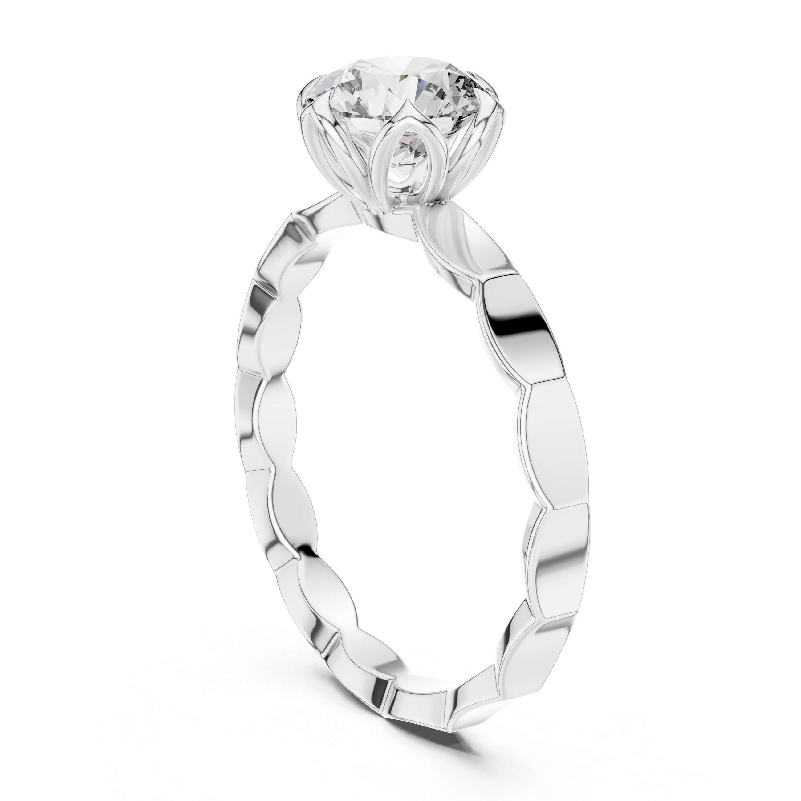 Geometric Scalloped Band 1.00 Carat Round Solitaire Diamond Ring