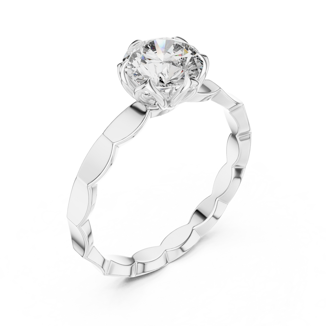 Geometric Scalloped Band 1.00 Carat Round Solitaire Diamond Ring