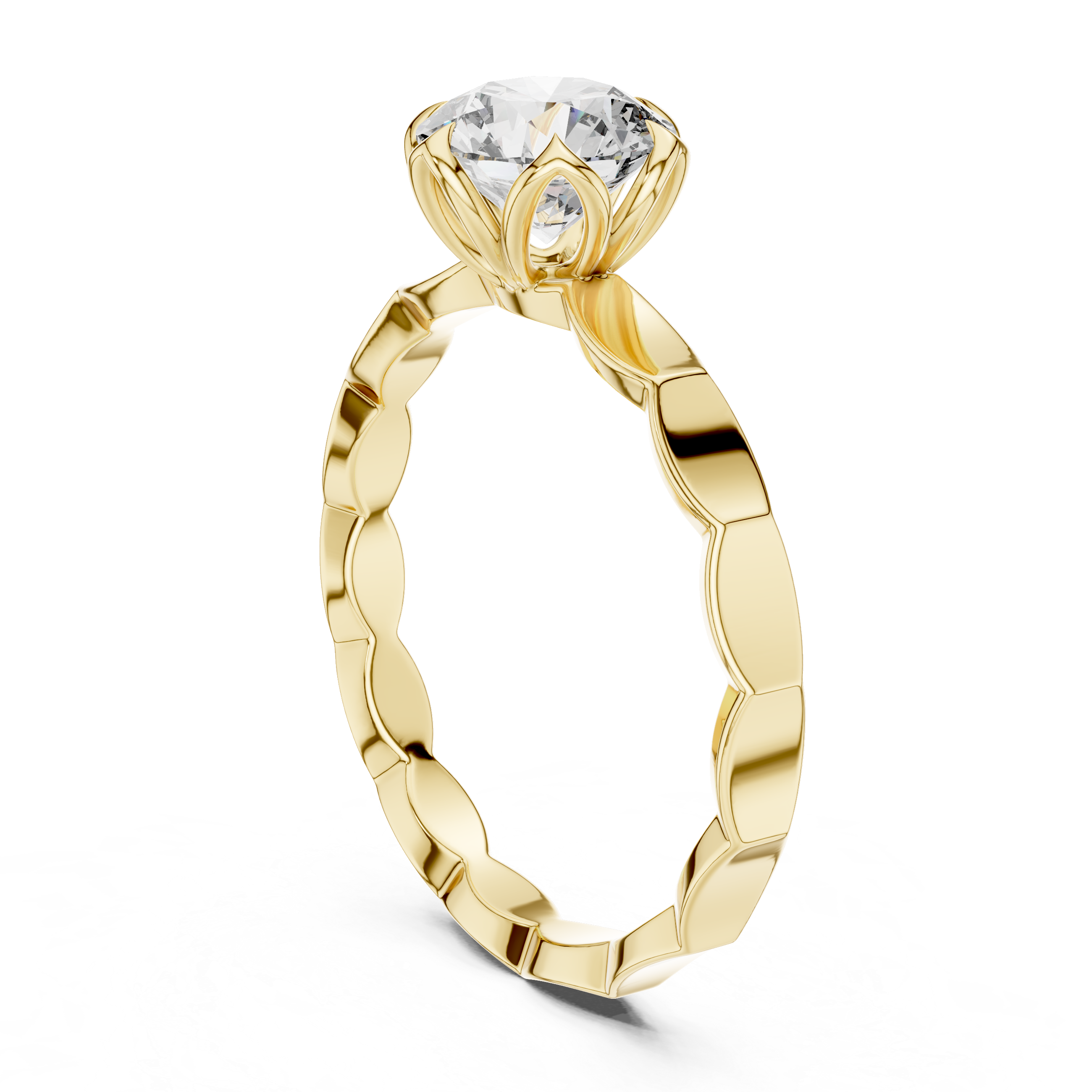Geometric Scalloped Band 1.00 Carat Round Solitaire Diamond Ring