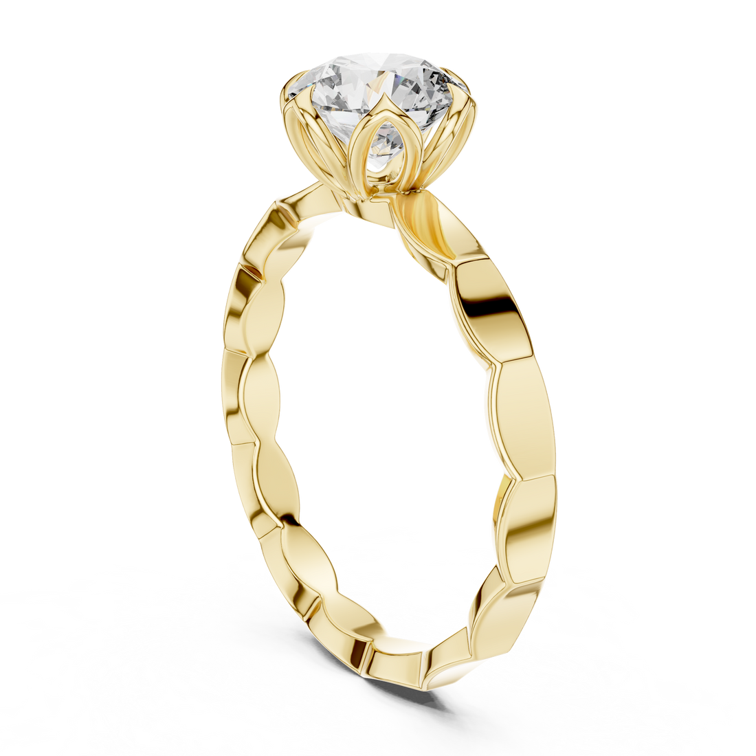 Geometric Scalloped Band 1.00 Carat Round Solitaire Diamond Ring