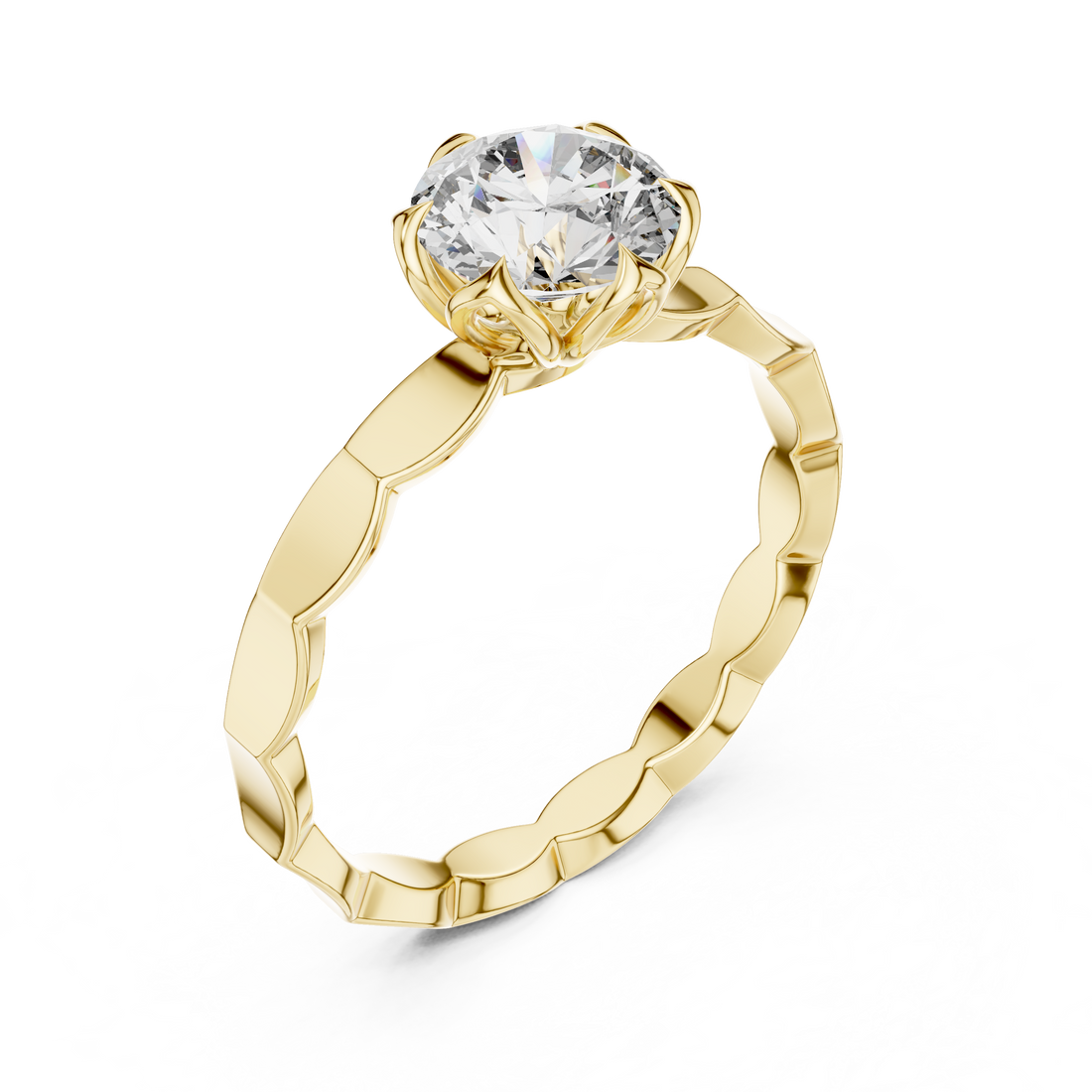 Geometric Scalloped Band 1.00 Carat Round Solitaire Diamond Ring