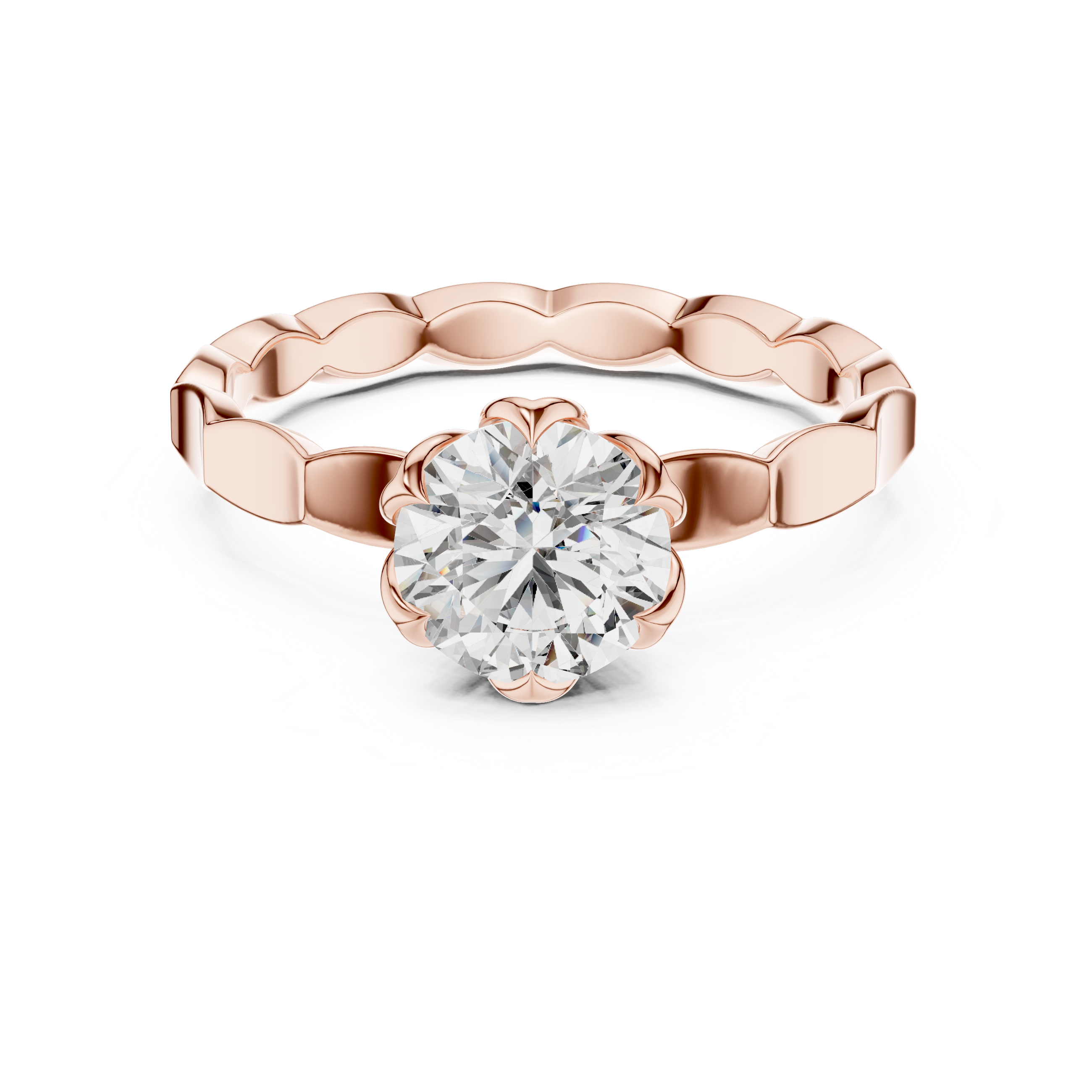 Geometric Scalloped Band 1.00 Carat Round Solitaire Diamond Ring
