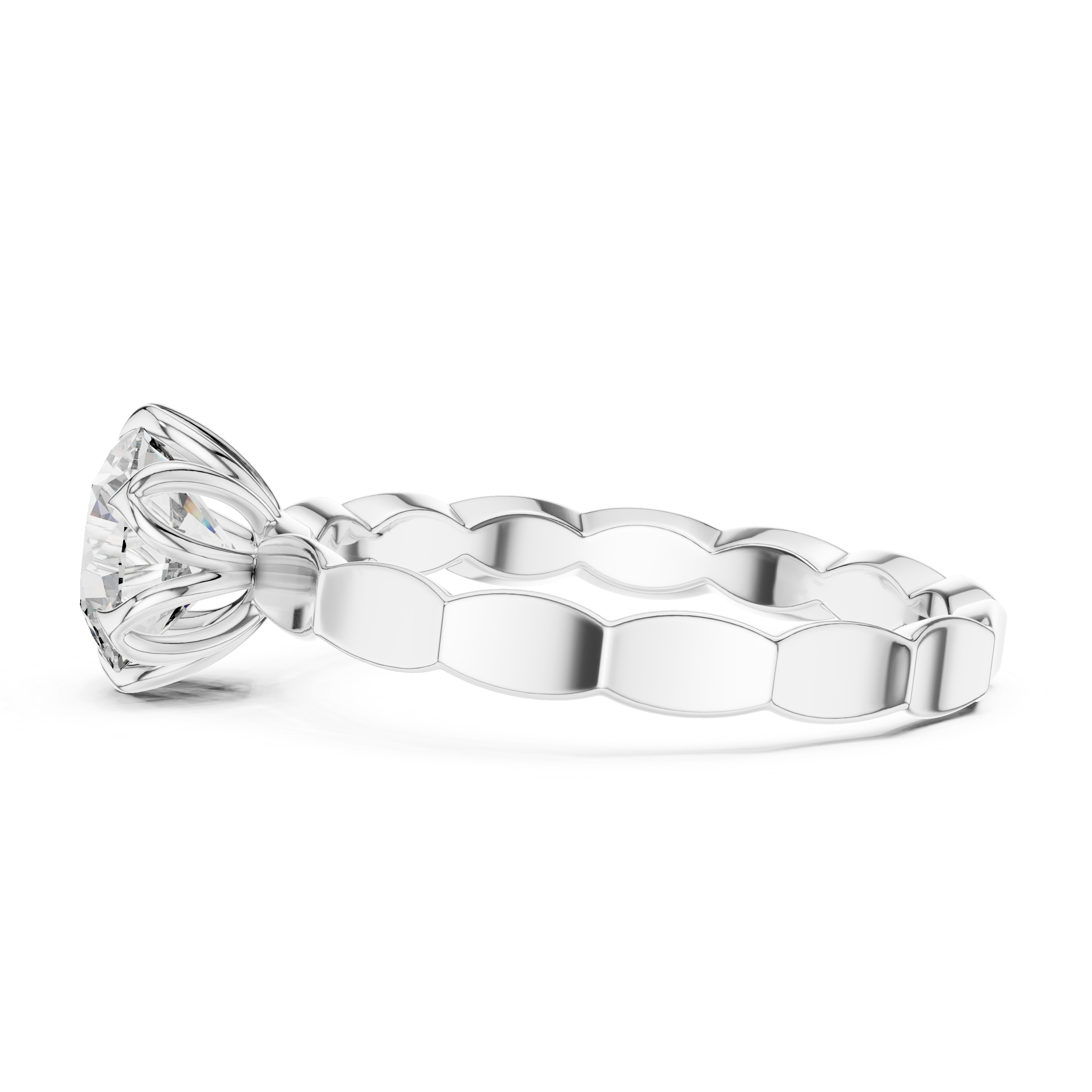 Geometric Scalloped Band 1.00 Carat Round Solitaire Diamond Ring
