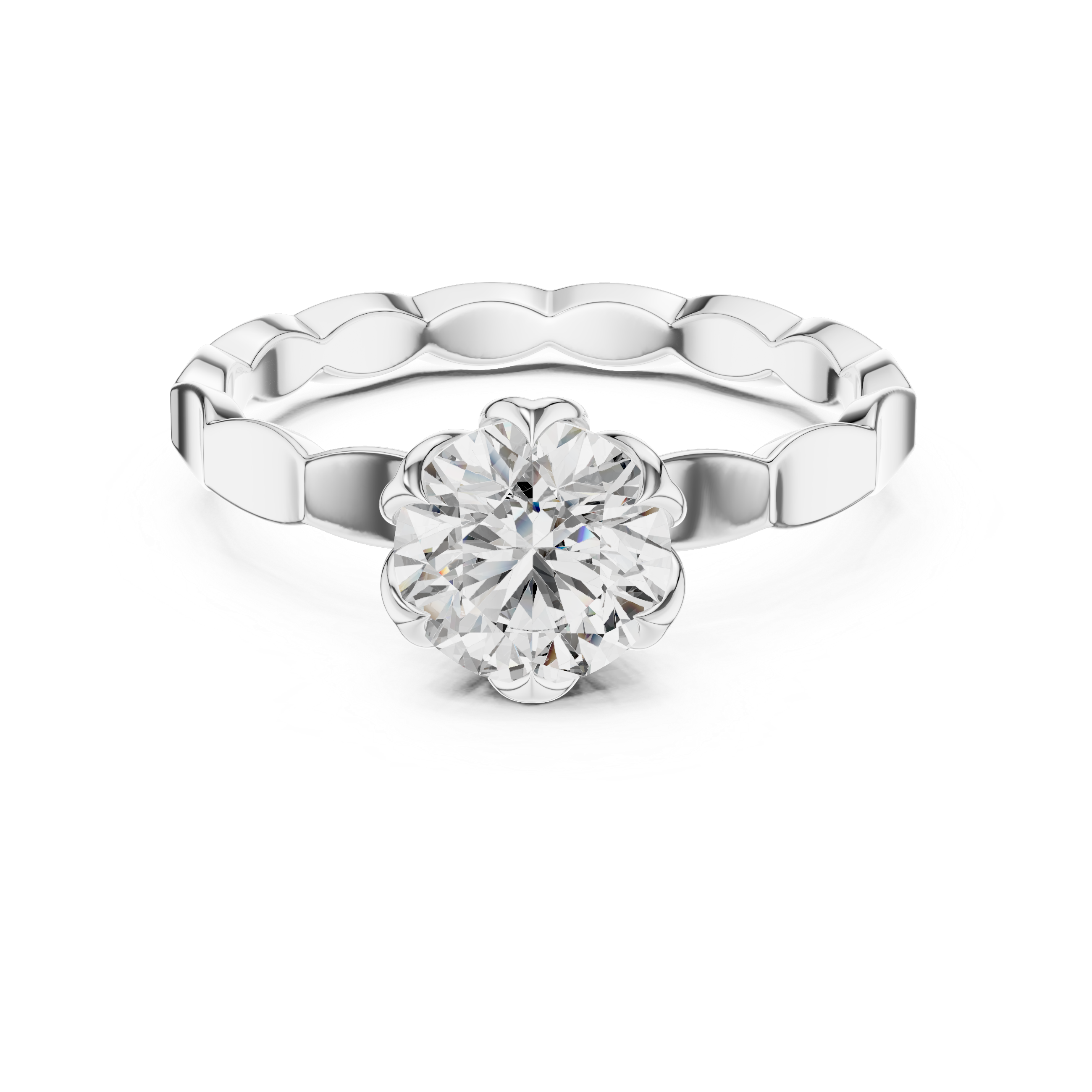 Geometric Scalloped Band 1.00 Carat Round Solitaire Diamond Ring