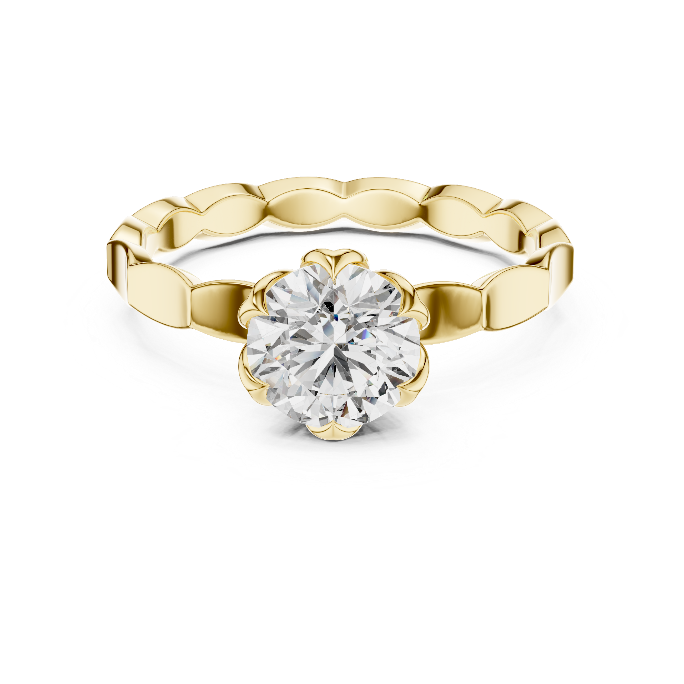 Geometric Scalloped Band 1.00 Carat Round Solitaire Diamond Ring