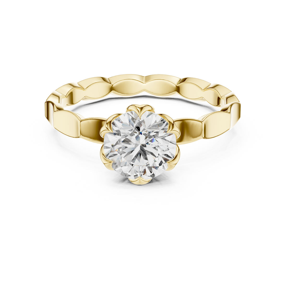 Geometric Scalloped Band 1.00 Carat Round Solitaire Diamond Ring