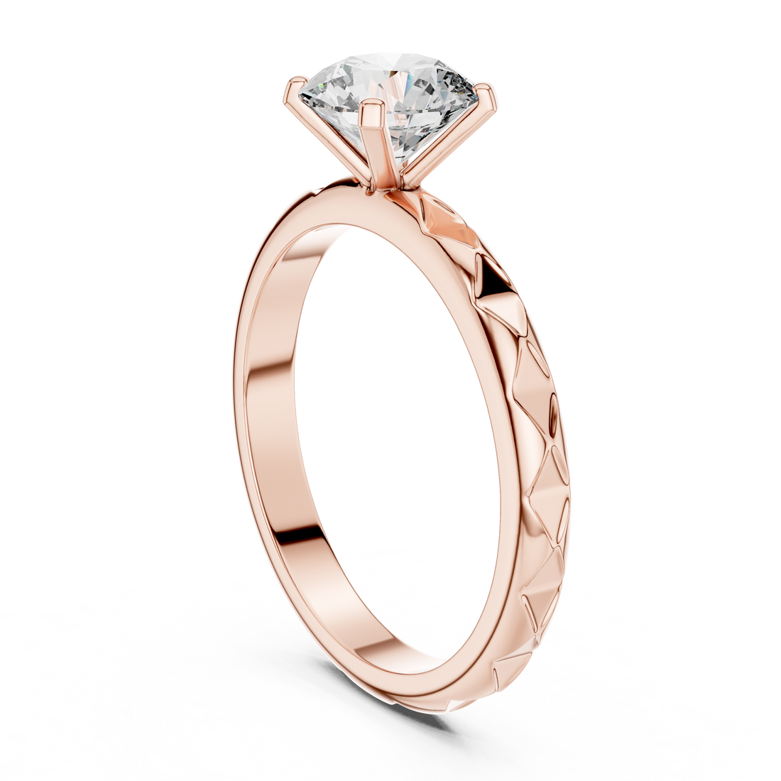 Geometric Scalloped Faceted Band 1.00 Carat Round Solitaire Diamond Ring