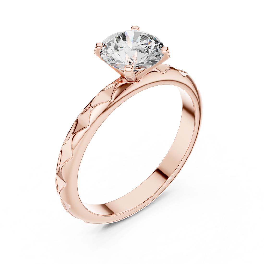 Geometric Scalloped Faceted Band 1.00 Carat Round Solitaire Diamond Ring