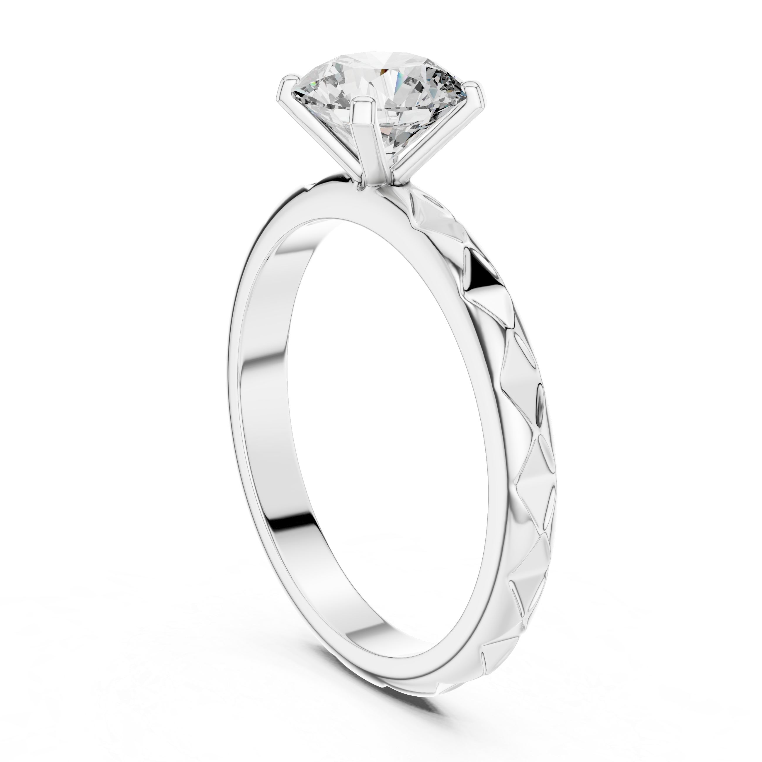 Geometric Scalloped Faceted Band 1.00 Carat Round Solitaire Diamond Ring
