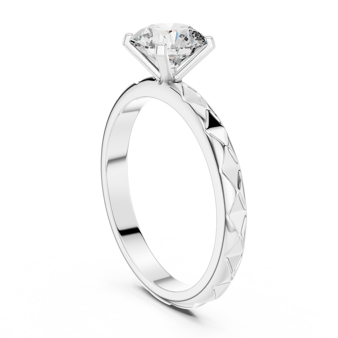 Geometric Scalloped Faceted Band 1.00 Carat Round Solitaire Diamond Ring