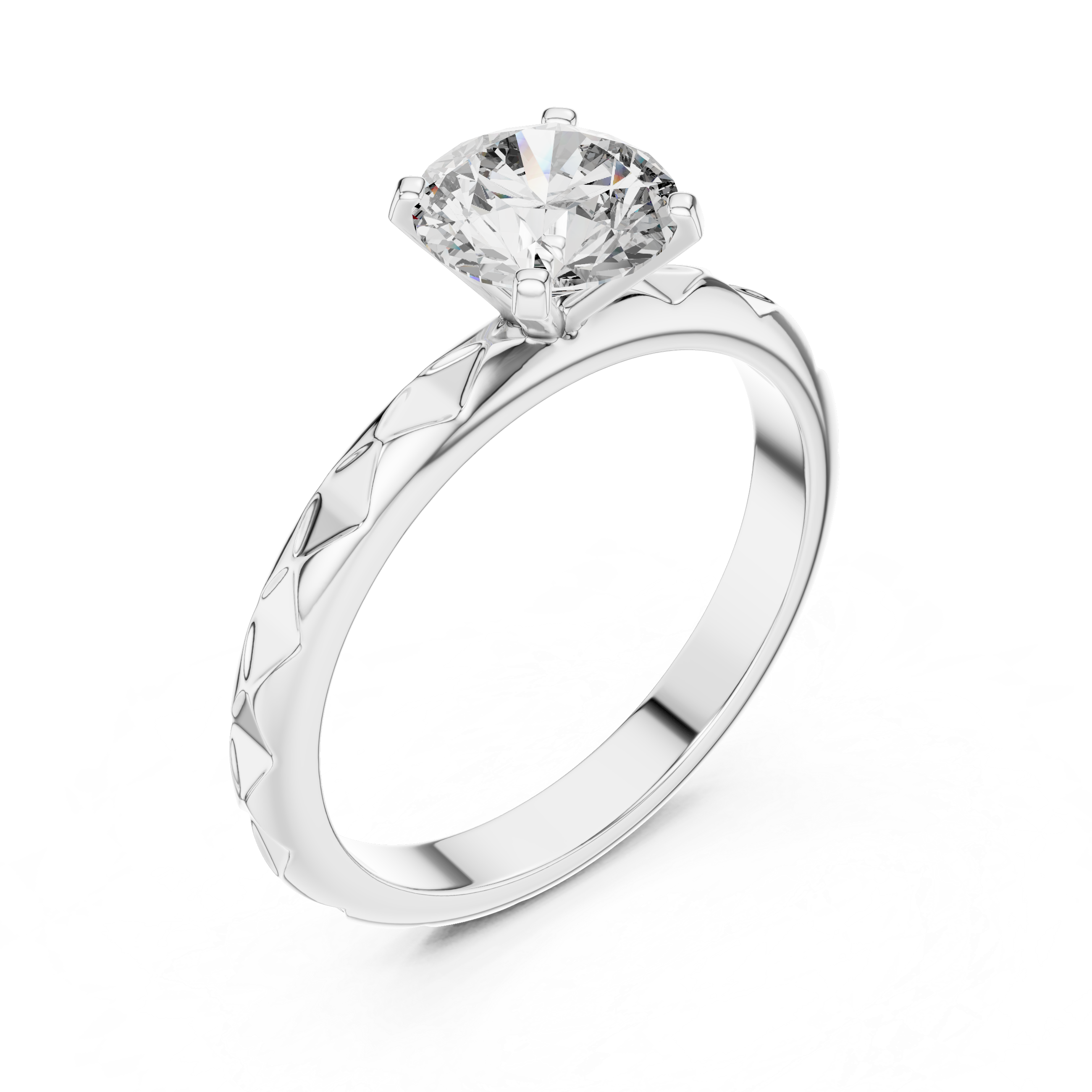 Geometric Scalloped Faceted Band 1.00 Carat Round Solitaire Diamond Ring