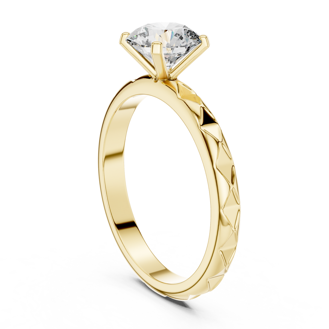 Geometric Scalloped Faceted Band 1.00 Carat Round Solitaire Diamond Ring