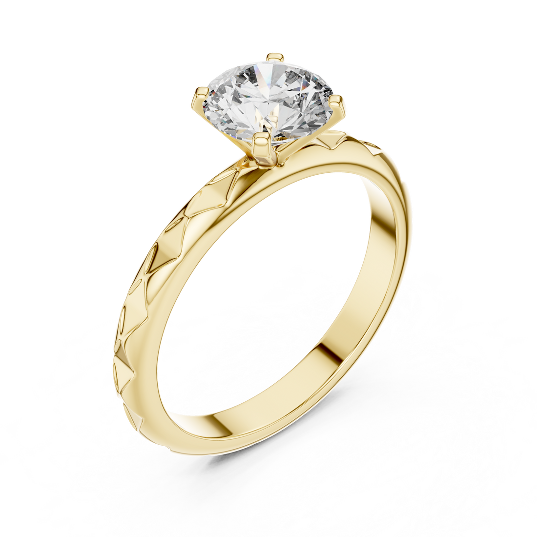 Geometric Scalloped Faceted Band 1.00 Carat Round Solitaire Diamond Ring