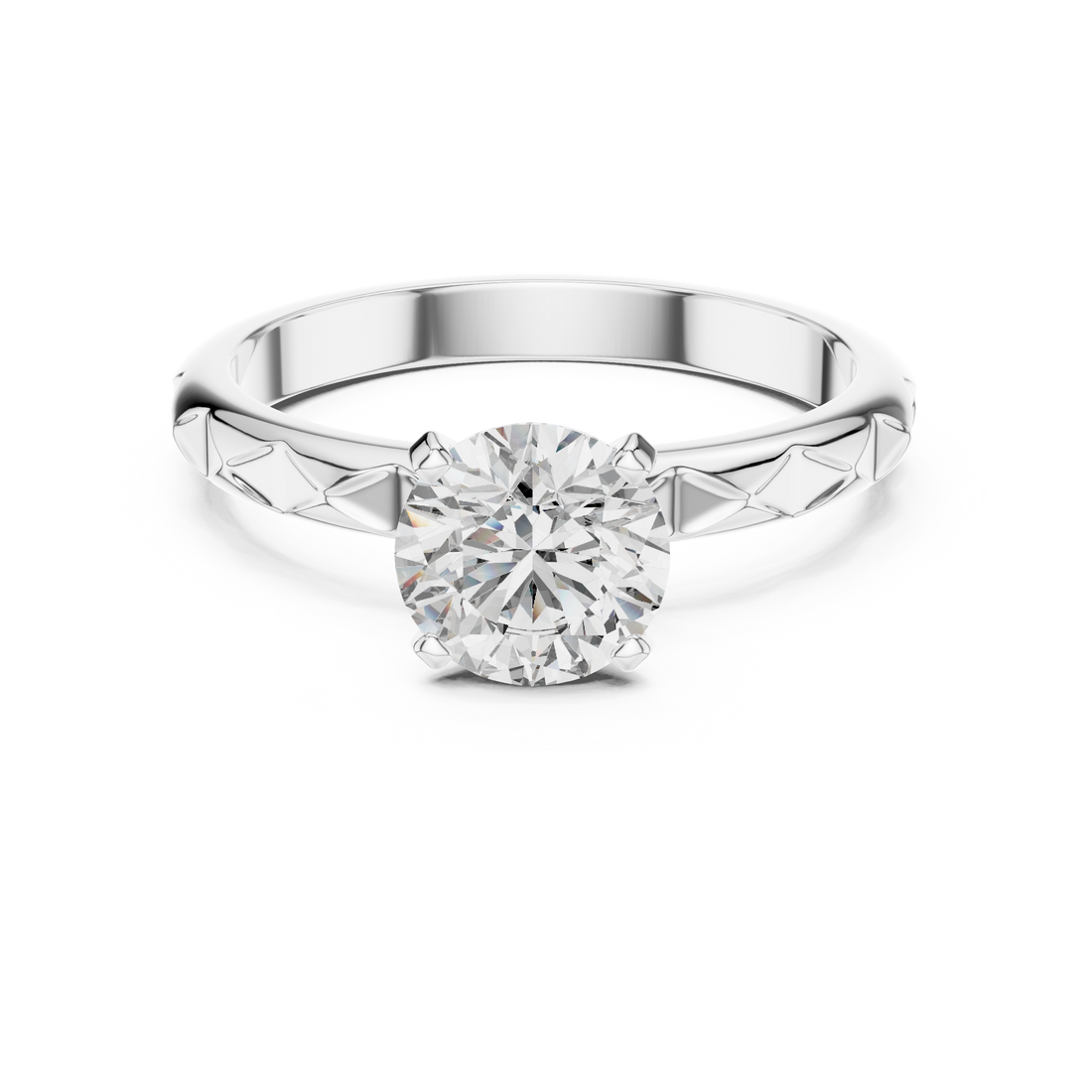 Geometric Scalloped Faceted Band 1.00 Carat Round Solitaire Diamond Ring