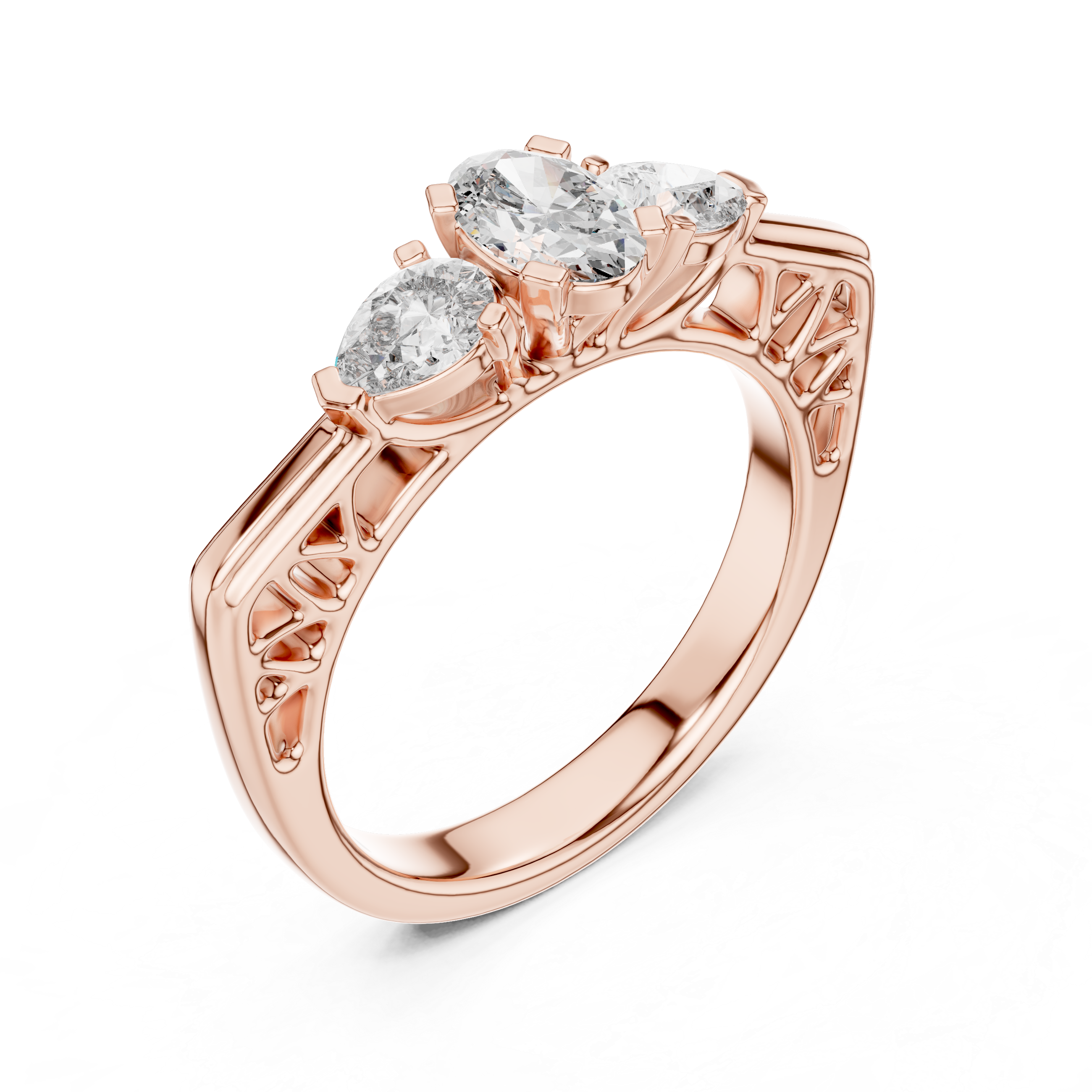 Three-Stone Oval & Pear Vintage Filigree Engagement Ring