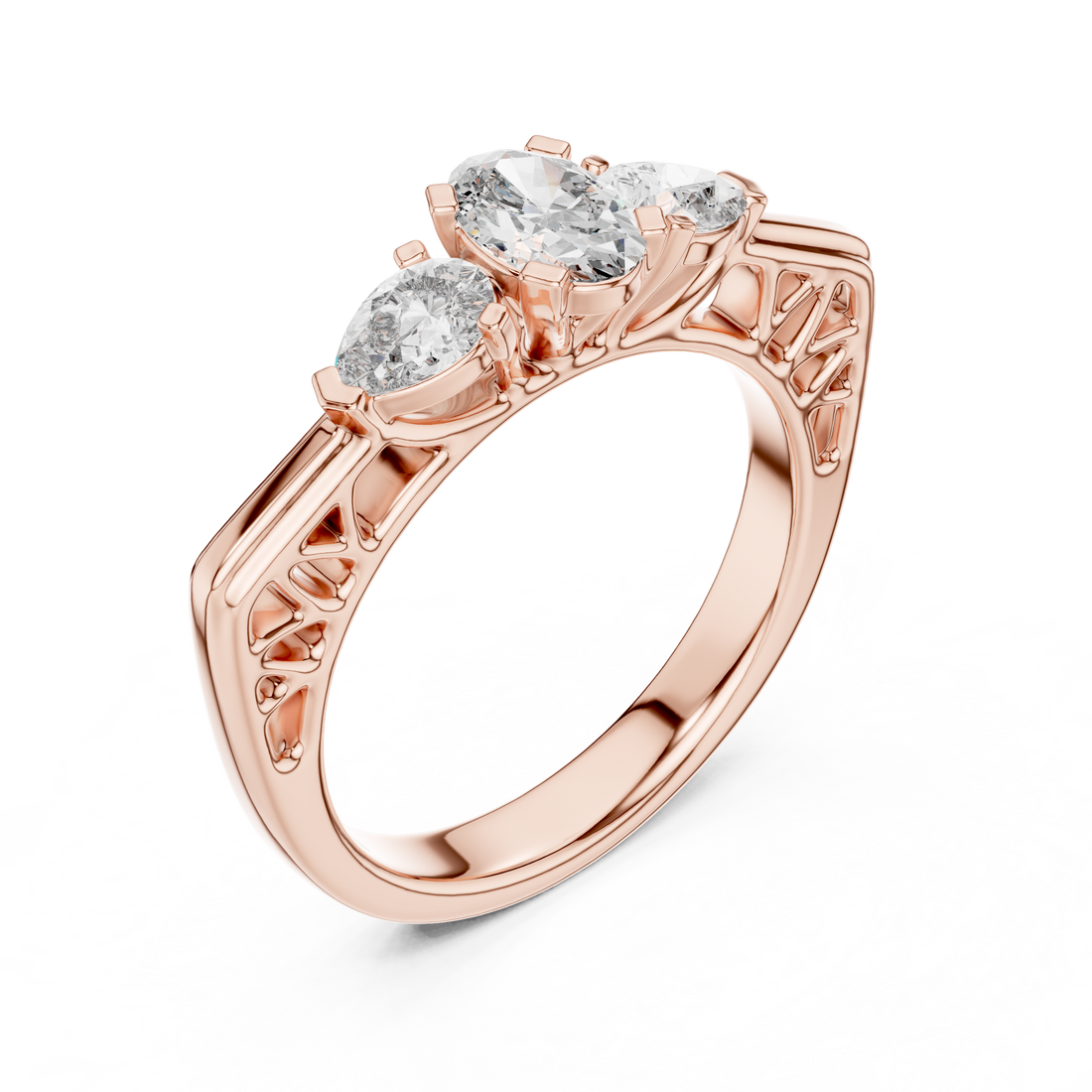 Three-Stone Oval & Pear Vintage Filigree Engagement Ring