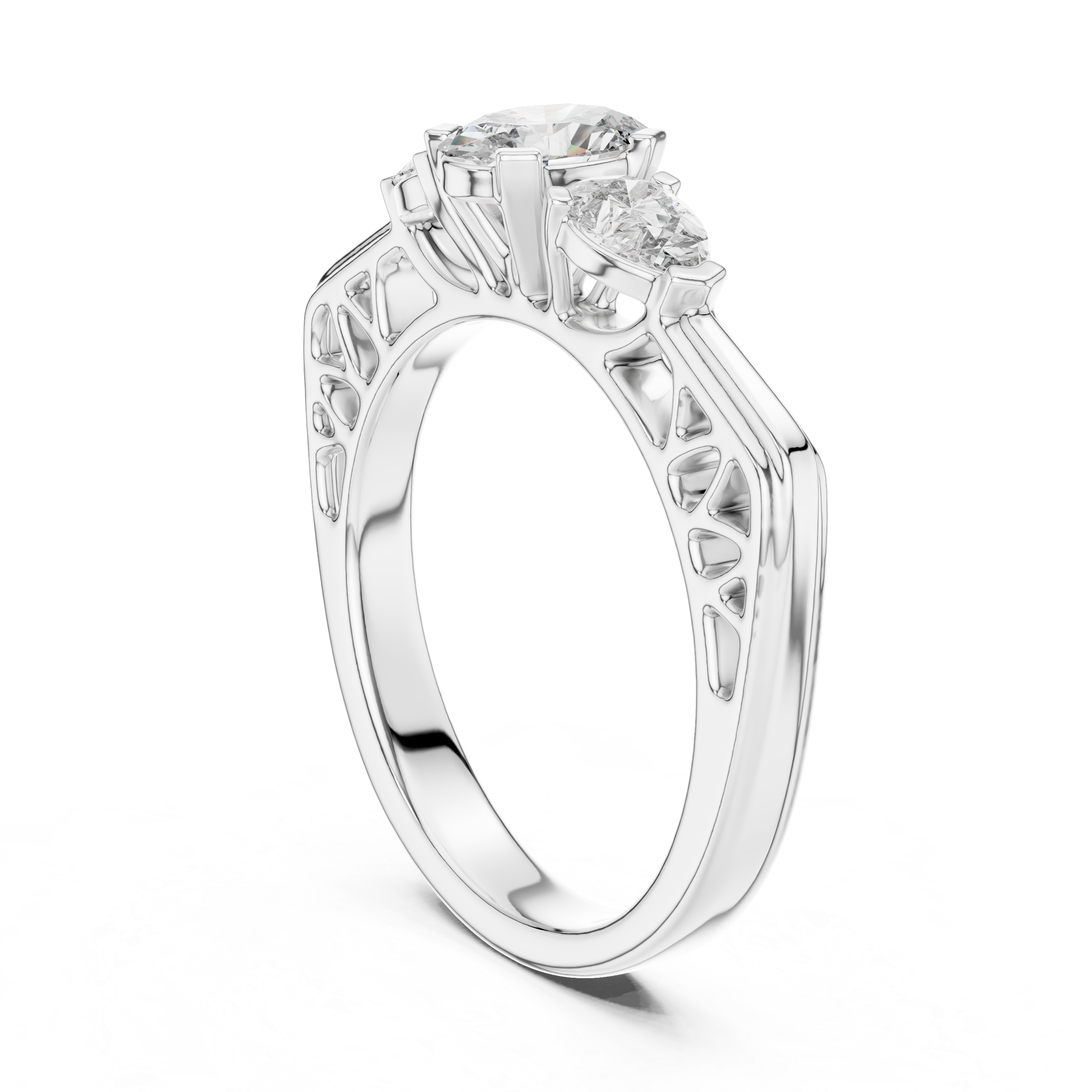 Three-Stone Oval & Pear Vintage Filigree Engagement Ring