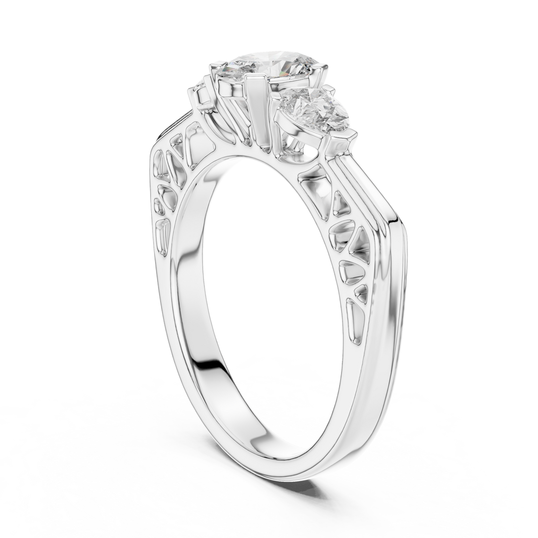 Three-Stone Oval & Pear Vintage Filigree Engagement Ring