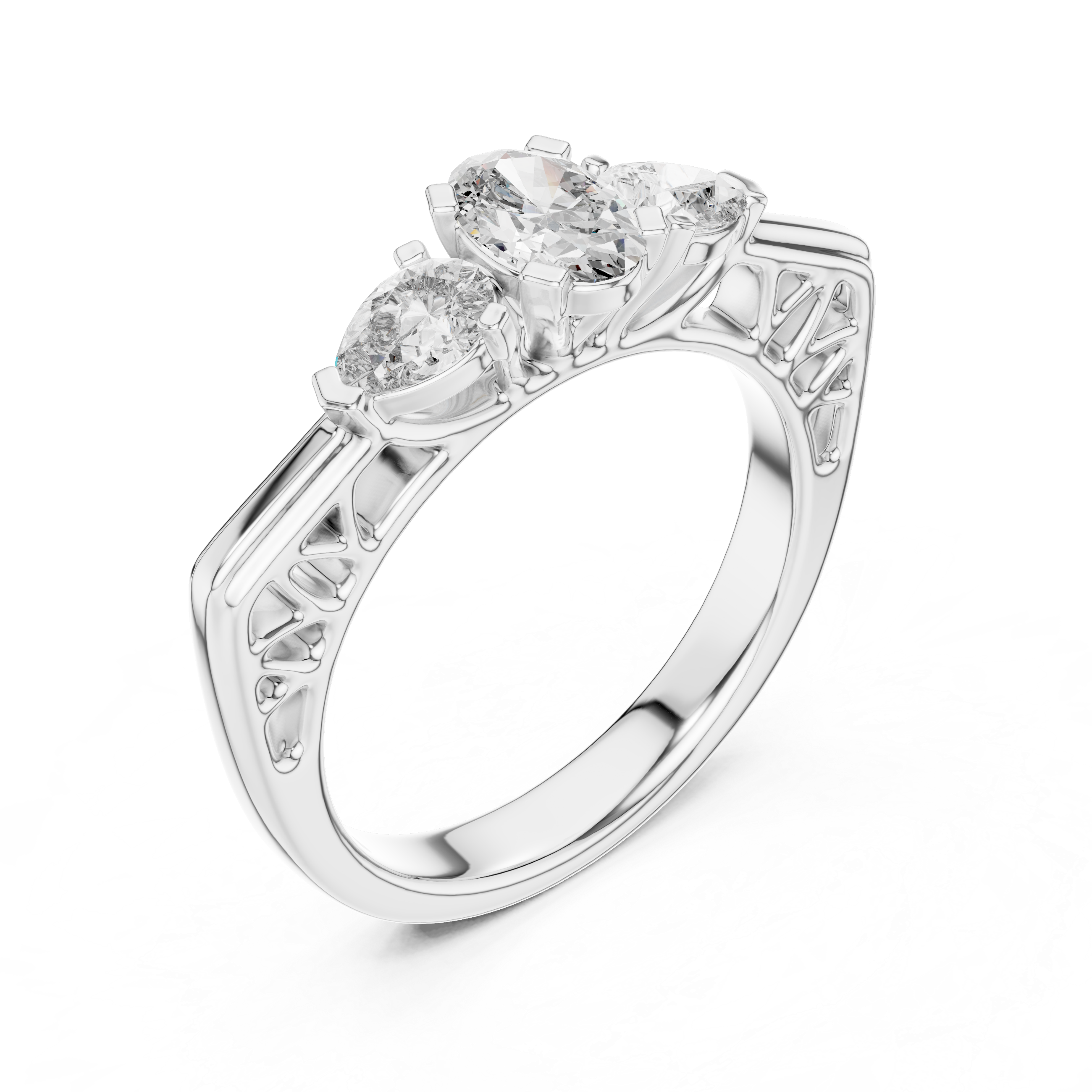Three-Stone Oval & Pear Vintage Filigree Engagement Ring