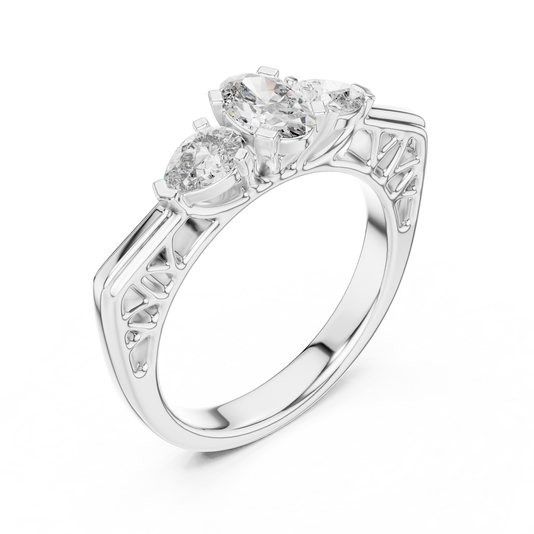 Three-Stone Oval & Pear Vintage Filigree Engagement Ring
