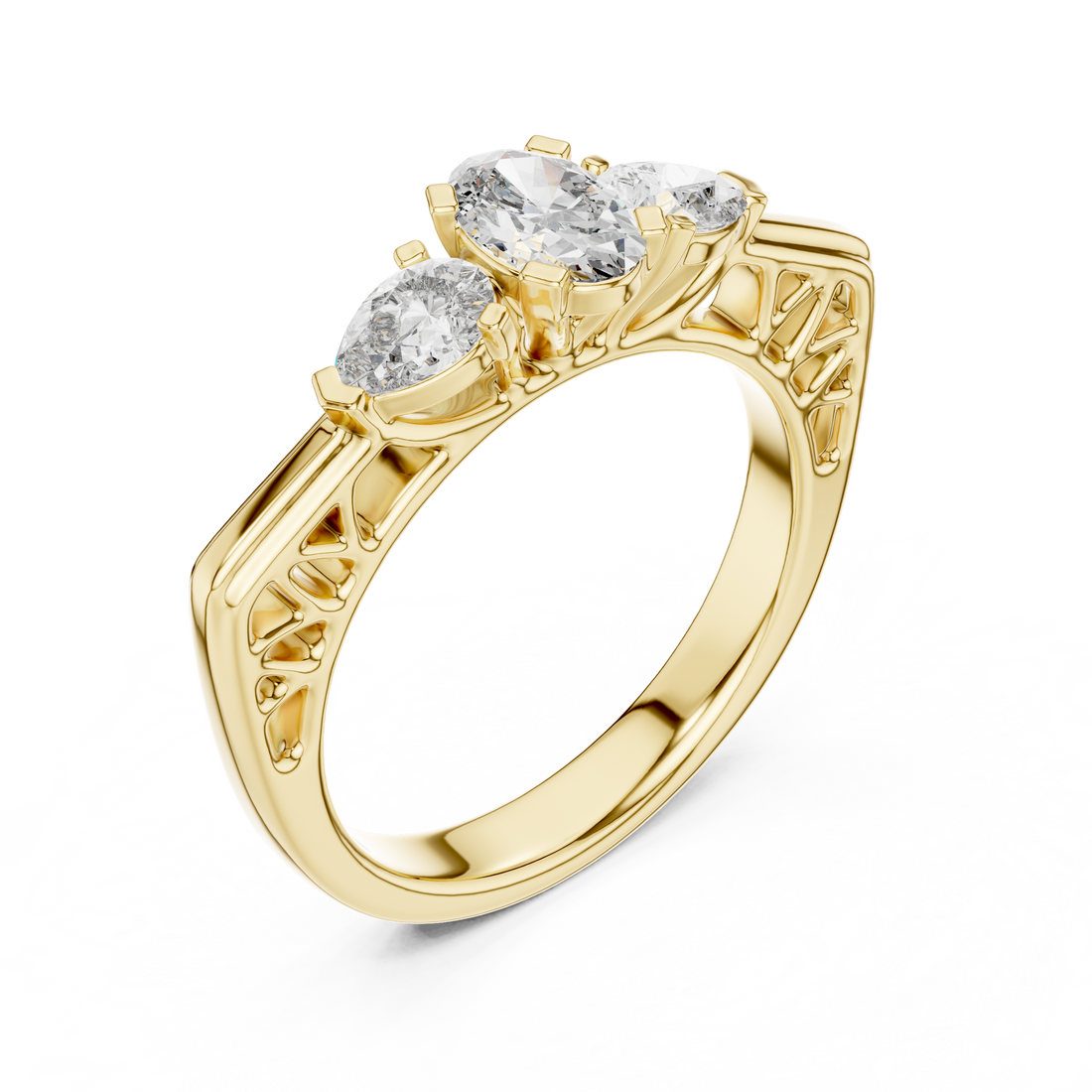 Three-Stone Oval & Pear Vintage Filigree Engagement Ring