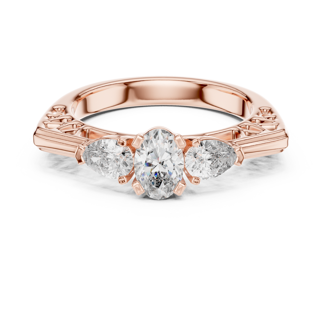 Three-Stone Oval & Pear Vintage Filigree Engagement Ring