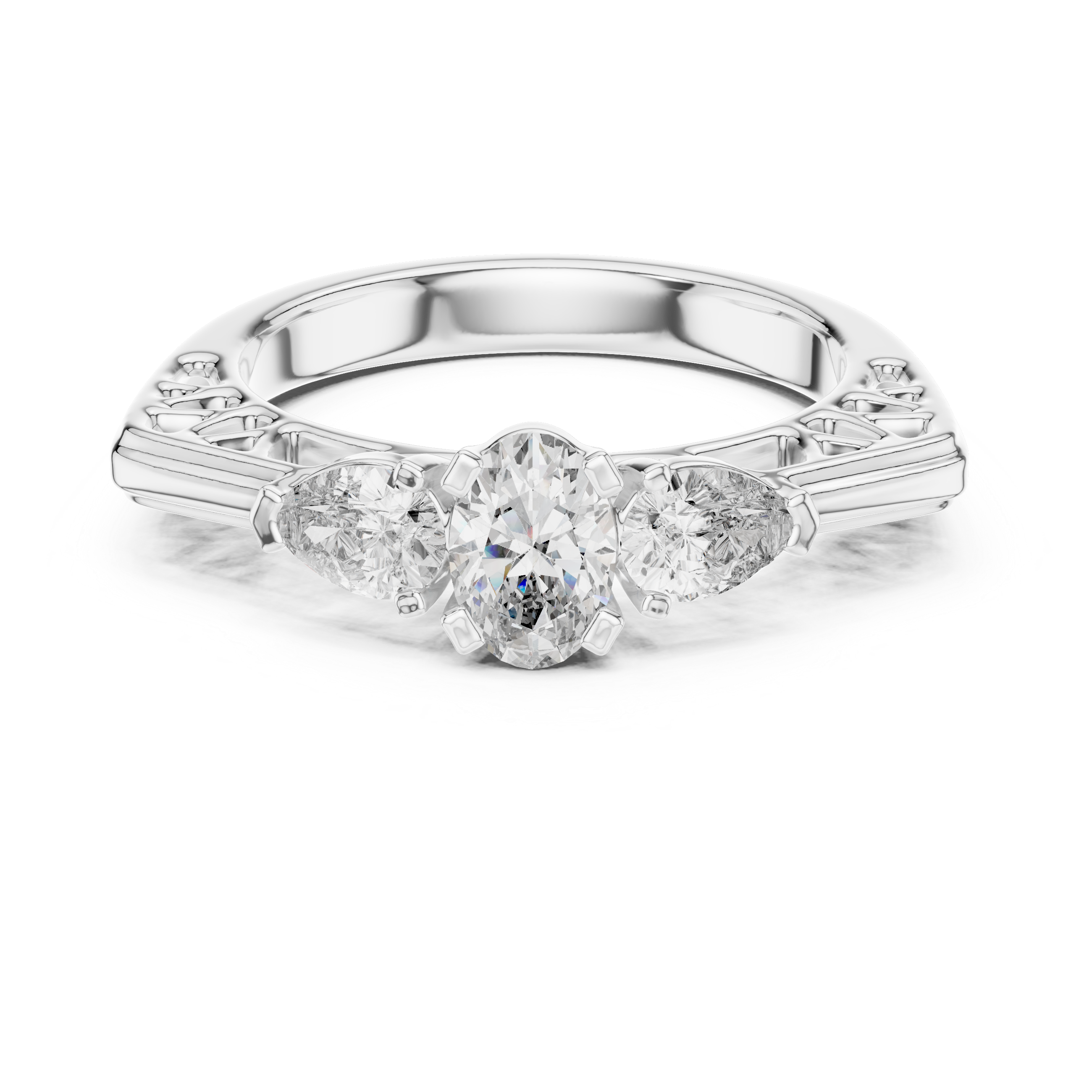 Three-Stone Oval & Pear Vintage Filigree Engagement Ring