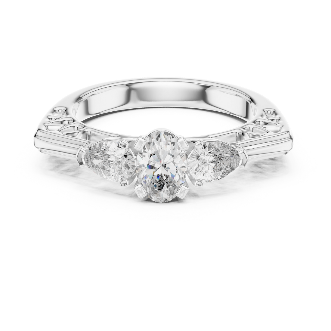 Three-Stone Oval & Pear Vintage Filigree Engagement Ring