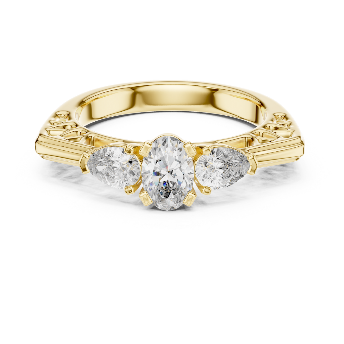 Three-Stone Oval & Pear Vintage Filigree Engagement Ring