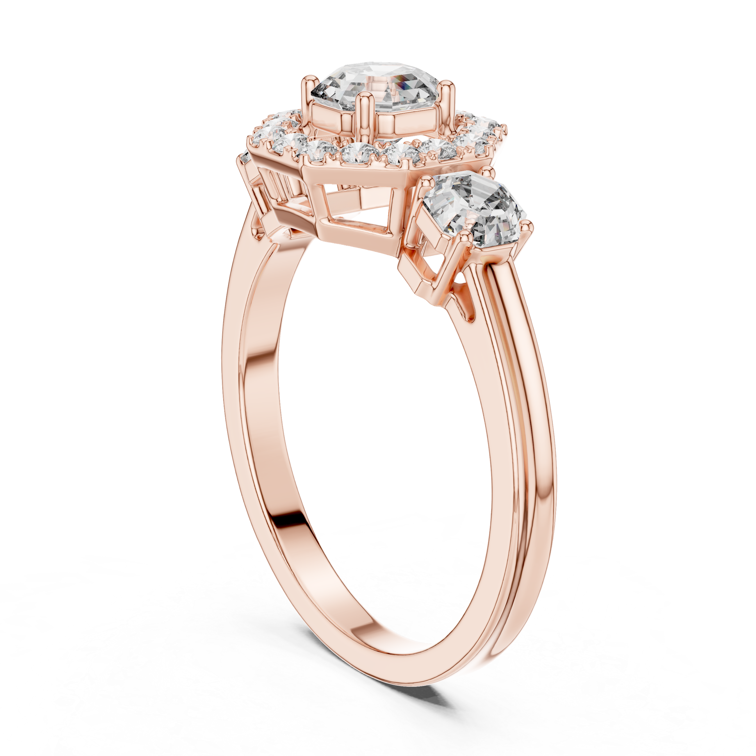 Octagon Halo & Three-Stone Engagement Ring