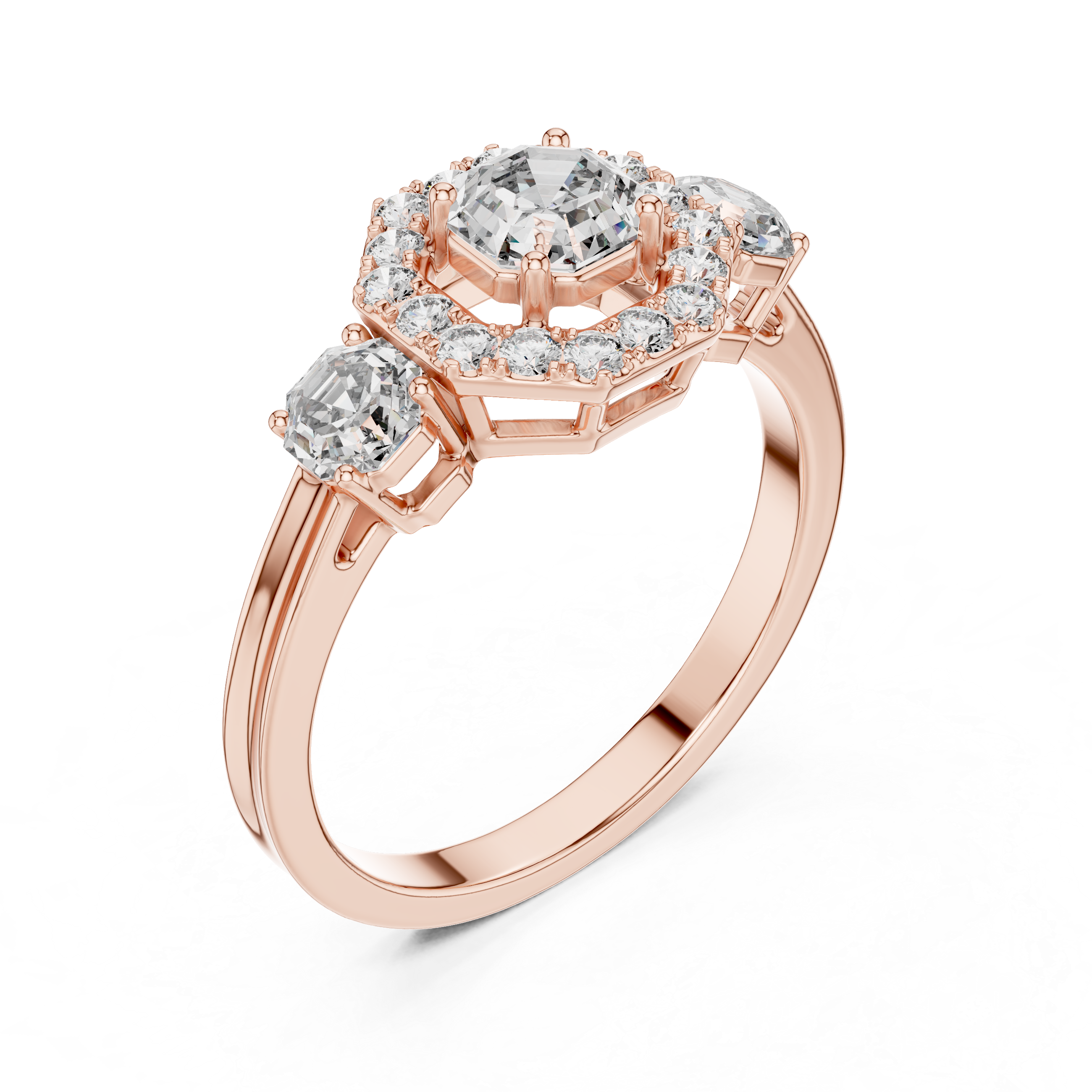 Octagon Halo & Three-Stone Engagement Ring